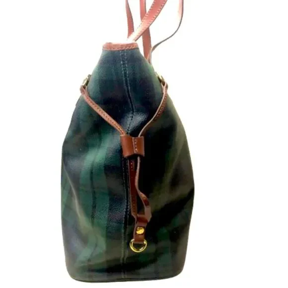 Black Watch Plaid Coated Canvas Leather Oversized Shoulder Bag Metal Feet